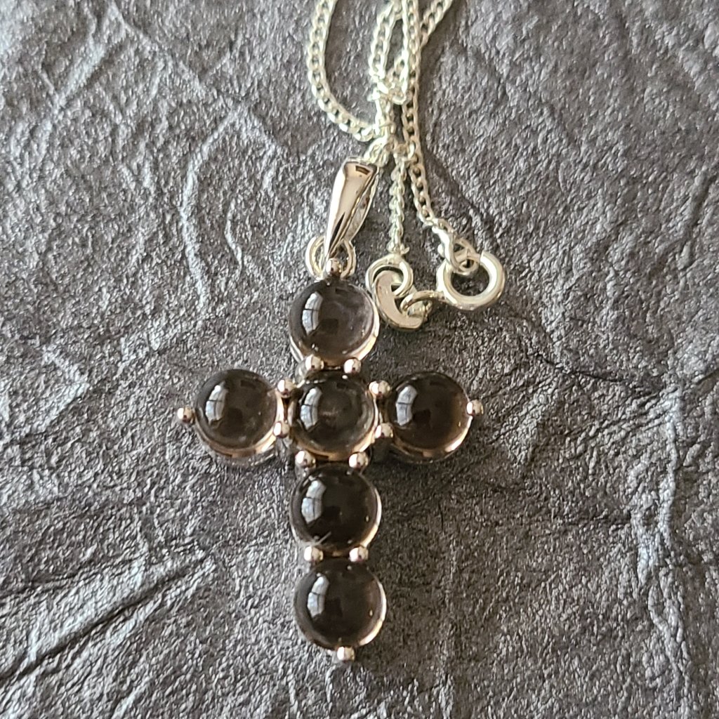 Smokey Quartz Pendant Necklace-Cross Quartz Pendant Necklace-Silver Necklace
